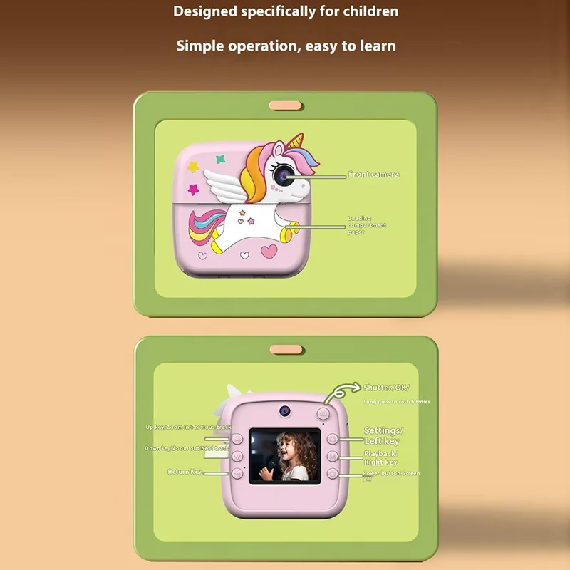 A28 2.4 Inch IPS Screen Instant Print Digital Camera for Kids Cartoon Animal Video Recorder, with 32GB Card + Card Reader - Unicorn