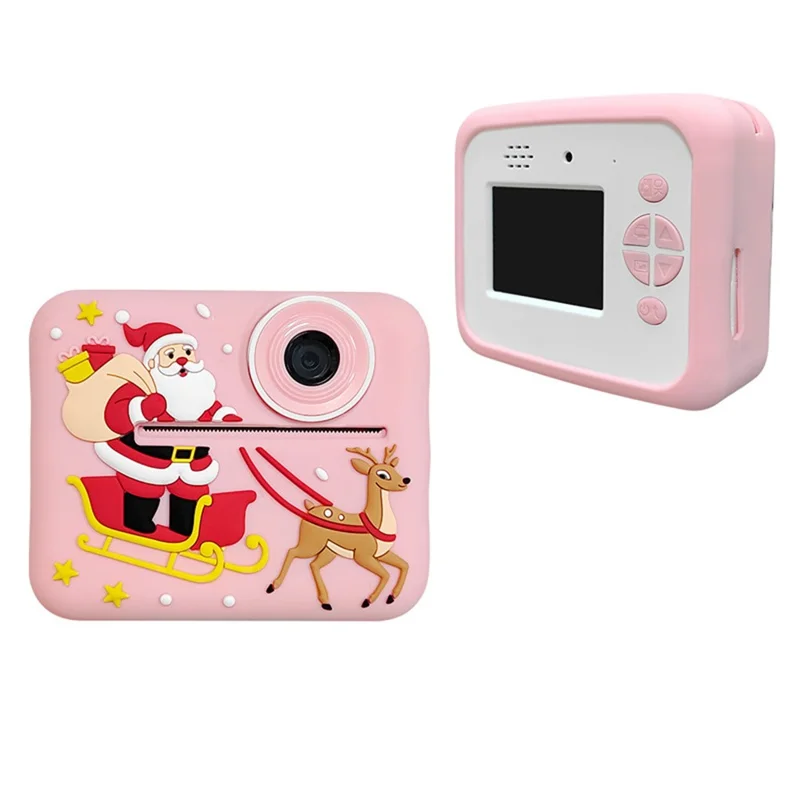 D2A Tegneserie Mønster Dobbeltlinse HD Videorecorder 2,4 Tommer IPS Skærm Bærbar Instant Print Børnekamera, med 32GB Kort + Kortlæser - Pink Santa