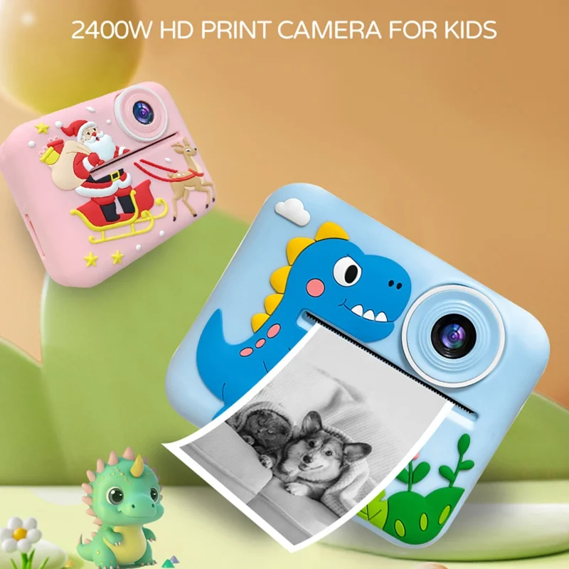 D2A Tegneserie Mønster Dobbeltlinse HD Videorecorder 2,4 Tommer IPS Skærm Bærbar Instant Print Børnekamera, med 32GB Kort + Kortlæser - Pink Santa