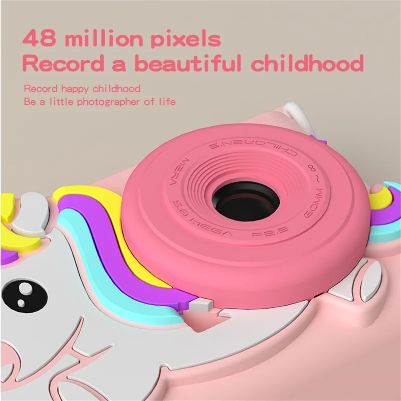 D32 2.0 Inch IPS Screen Digital Camera Dual Lens Cartoon Animal Video Recorder for Kids, with 32GB Card - Pink Unicorn