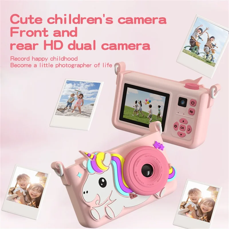D32 2.0 Inch IPS Screen Digital Camera Dual Lens Cartoon Animal Video Recorder for Kids, with 32GB Card - Pink Unicorn