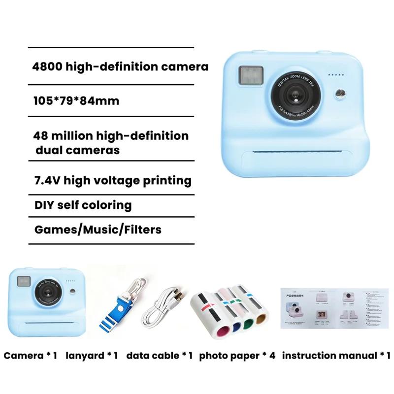 P10 Dual Lens Instant Print Camera for Kids 2.4 Inch IPS Screen Video Recorder, Support Monochrome Printing - Blue