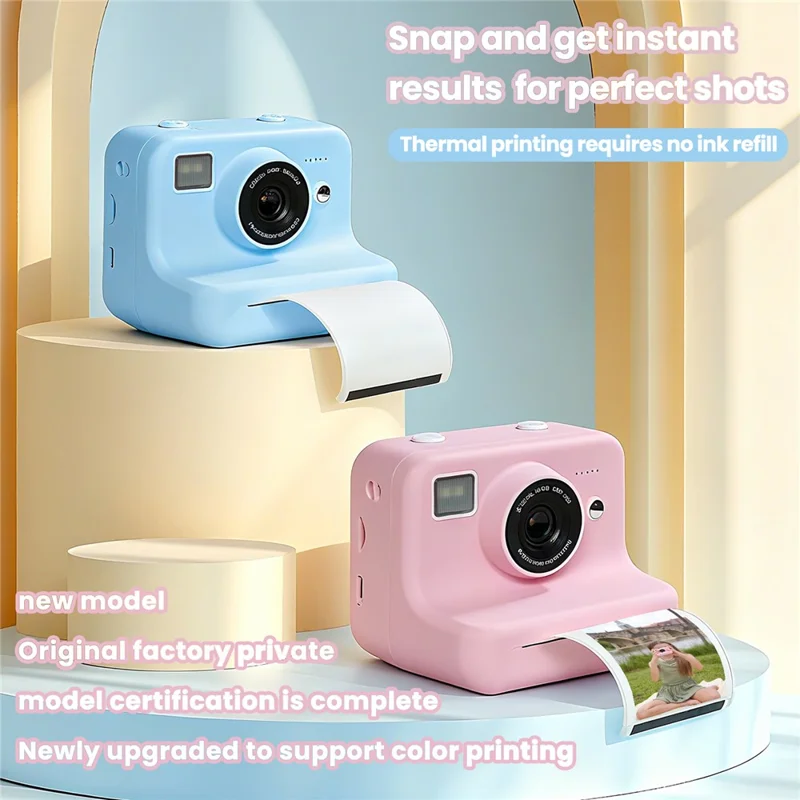 P10 Dual Lens Instant Print Camera for Kids 2.4 Inch IPS Screen Video Recorder Support Monochrome Printing, with 32GB Card - Pink