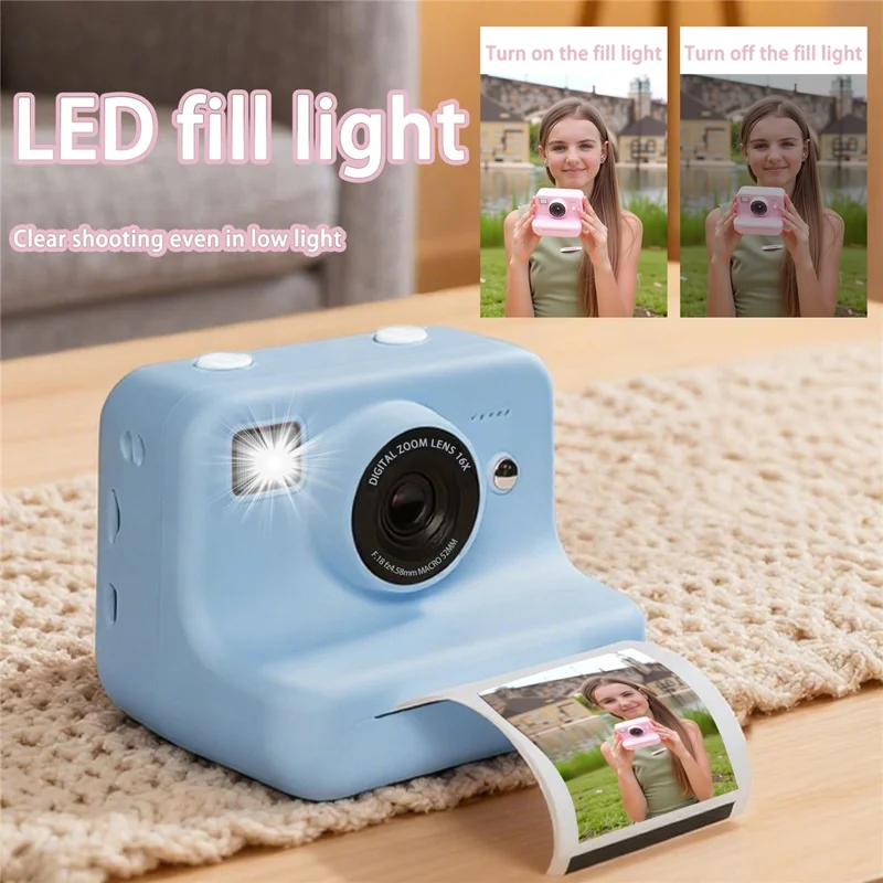 P10 Dual Lens Instant Print Camera for Kids 2.4 Inch IPS Screen Video Recorder Support Monochrome Printing, with 32GB Card - Pink