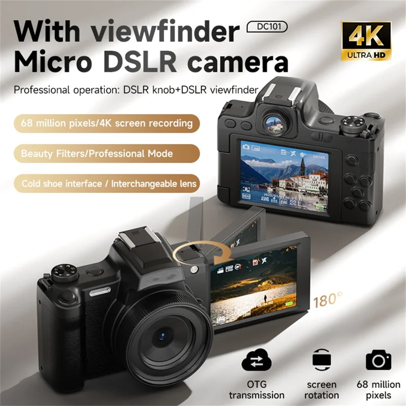 Appareil photo micro DSLR DC101 avec écran orientable de 2,8 pouces et zoom numérique 28x, 68 MP, enregistreur vidéo 4K