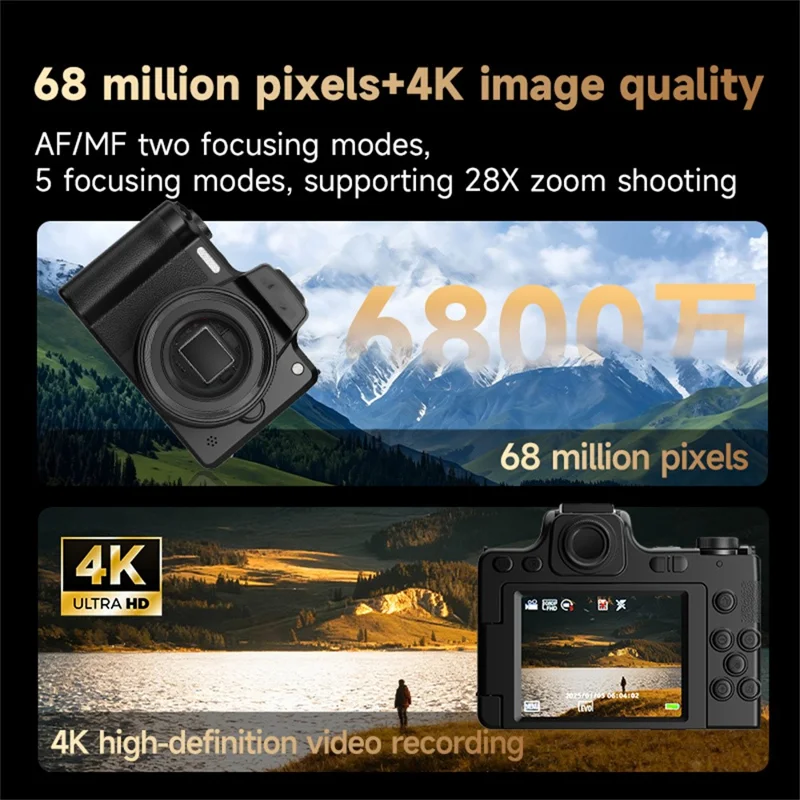 Appareil photo micro DSLR DC101 avec écran orientable de 2,8 pouces et zoom numérique 28x, 68 MP, enregistreur vidéo 4K