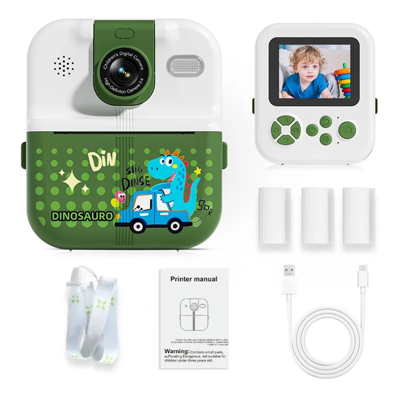 P02 Stampante Fotografica per Bambini con Schermo IPS da 2,4 Pollici e Motivo a Animali Cartoon, Controllo APP, Obiettivo Girevole, Versione Standard - Verde