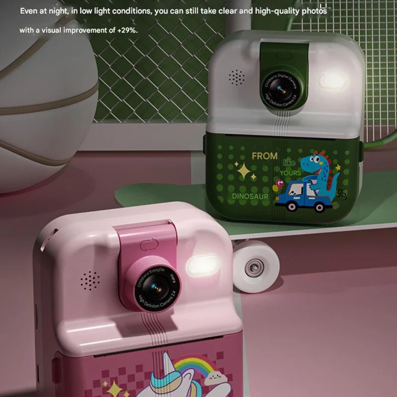 P02 Stampante Fotografica per Bambini con Schermo IPS da 2,4 Pollici e Motivo a Animali Cartoon, Controllo APP, Obiettivo Girevole, Versione Standard - Verde