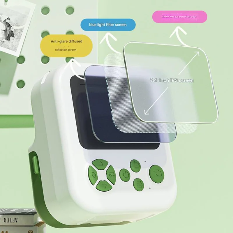 P02 Stampante Fotografica per Bambini con Schermo IPS da 2,4 Pollici e Motivo a Animali Cartoon, Controllo APP, Obiettivo Girevole, Versione Standard - Verde