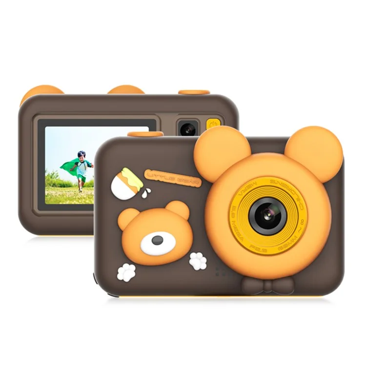 D32 2-inch Screen Children Camera Rechargeable HD Dual Lens Camera Toy with Silicone Cover and Tripod - Brown
