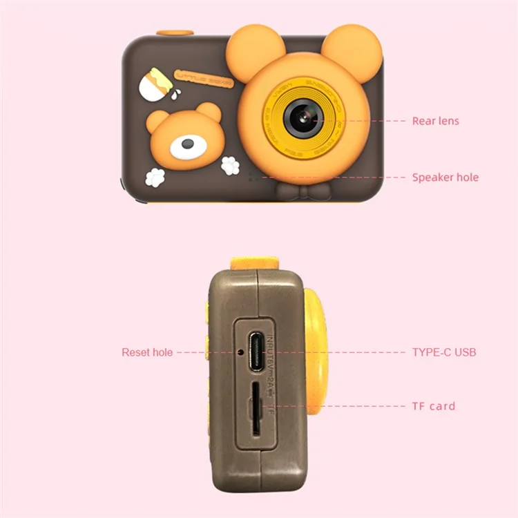 D32 2-inch Screen Children Camera Rechargeable HD Dual Lens Camera Toy with Silicone Cover and Tripod - Brown