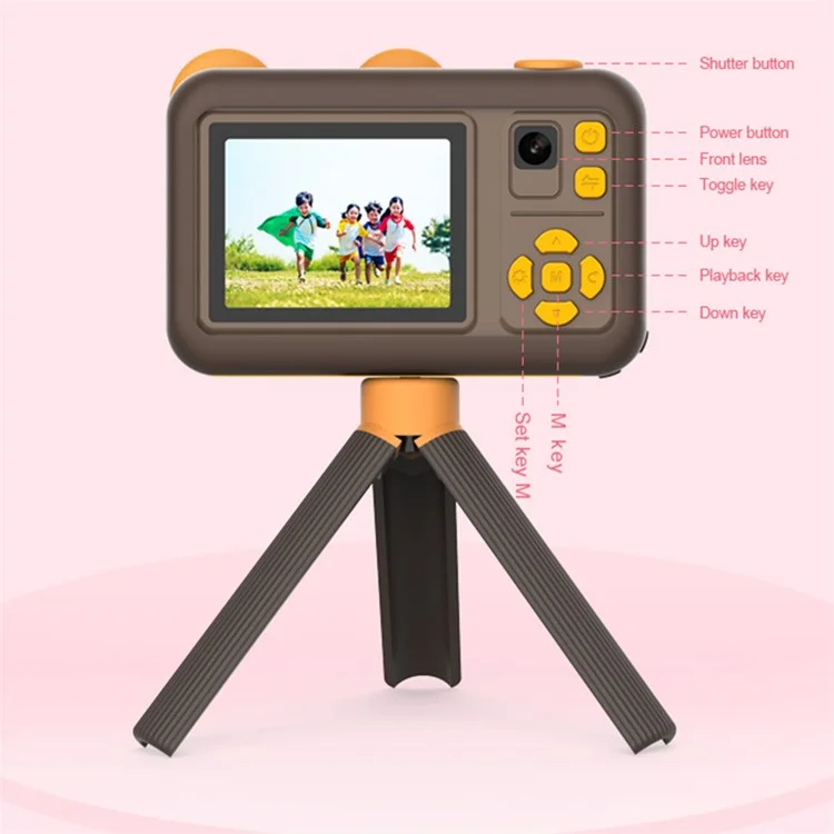 D32 2-inch Screen Children Camera Rechargeable HD Dual Lens Camera Toy with Silicone Cover and Tripod - Brown