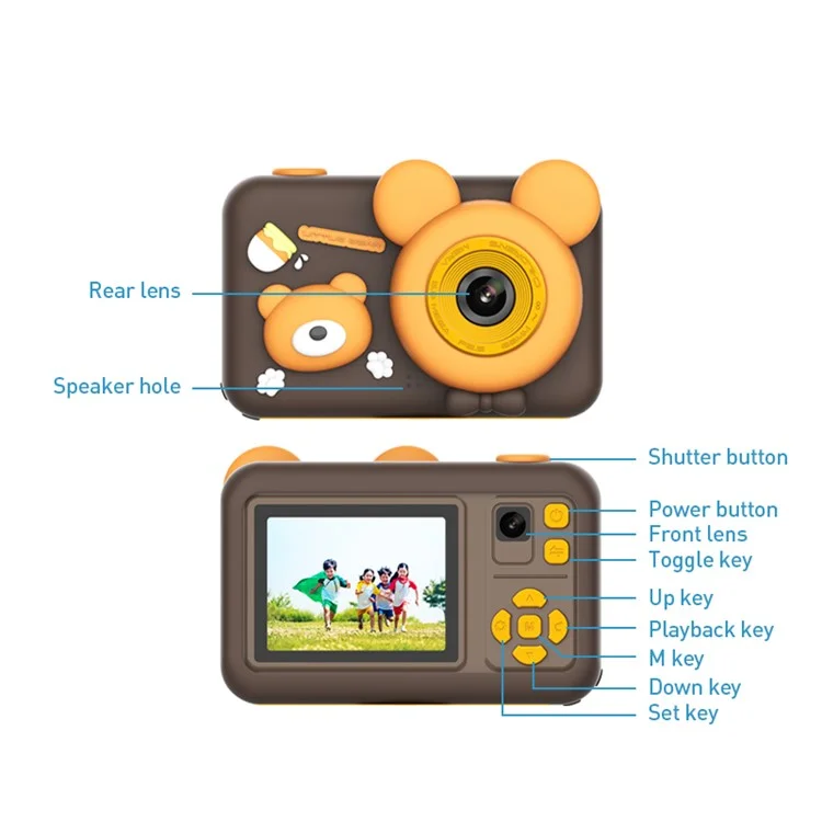 D32 2-inch Screen Children Camera Rechargeable HD Dual Lens Camera Toy with Silicone Cover and Tripod - Brown