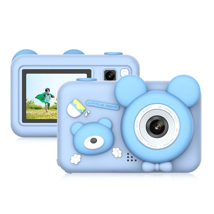 D32 2-Zoll-Bildschirm-Kinderamera, aufladbar, HD-Dual-Linsen-Kamera-Spielzeug mit Silikonhülle und Stativ - Blau