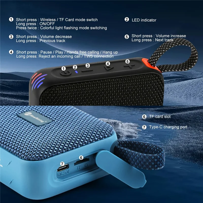 NEWRIXING NR-198 Portable Wireless Bluetooth-compatible Speaker IPX7 Waterproof Outdoor TWS Stereo Subwoofer - Black