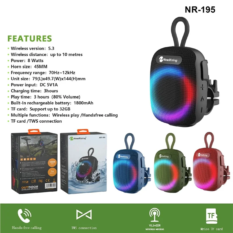NEWRIXING NR-195 8W Cycling Speaker IPX7 Waterproof True Wireless Stereo Subwoofer with RGB Light - Black