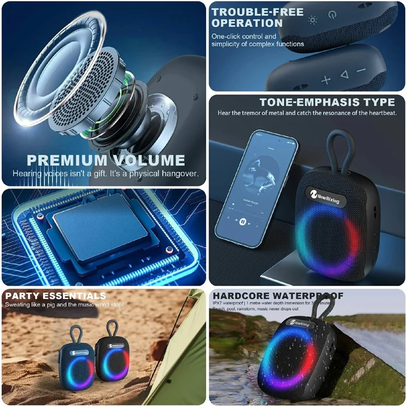 NEWRIXING NR-195 8W Cycling Speaker IPX7 Waterproof True Wireless Stereo Subwoofer with RGB Light - Black