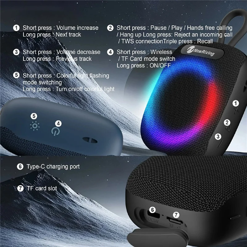 NEWRIXING NR-195 8W Cycling Speaker IPX7 Waterproof True Wireless Stereo Subwoofer with RGB Light - Black