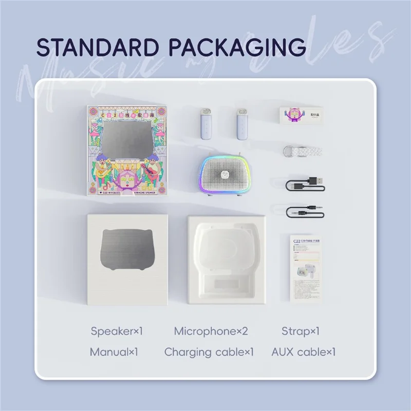 C22 Coluna Sem Fios com 2 Microfones Magnéticos Bluetooth 5.1 Sistema KTV Portátil com Luz RGB - Branco