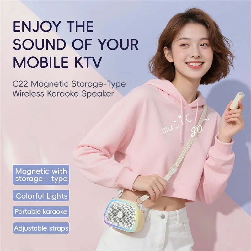 C22 Coluna Sem Fios com 2 Microfones Magnéticos Bluetooth 5.1 Sistema KTV Portátil com Luz RGB - Branco