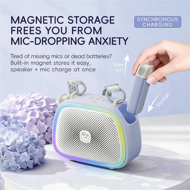 C22 Coluna Sem Fios com 2 Microfones Magnéticos Bluetooth 5.1 Sistema KTV Portátil com Luz RGB - Branco