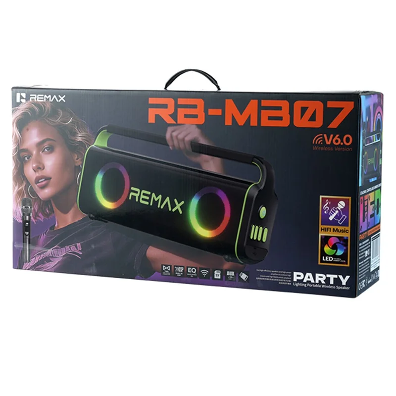 REMAX RB-MB07 Portable Wireless Party Speaker LED Light Bluetooth-Compatible Speaker with Microphone - Black