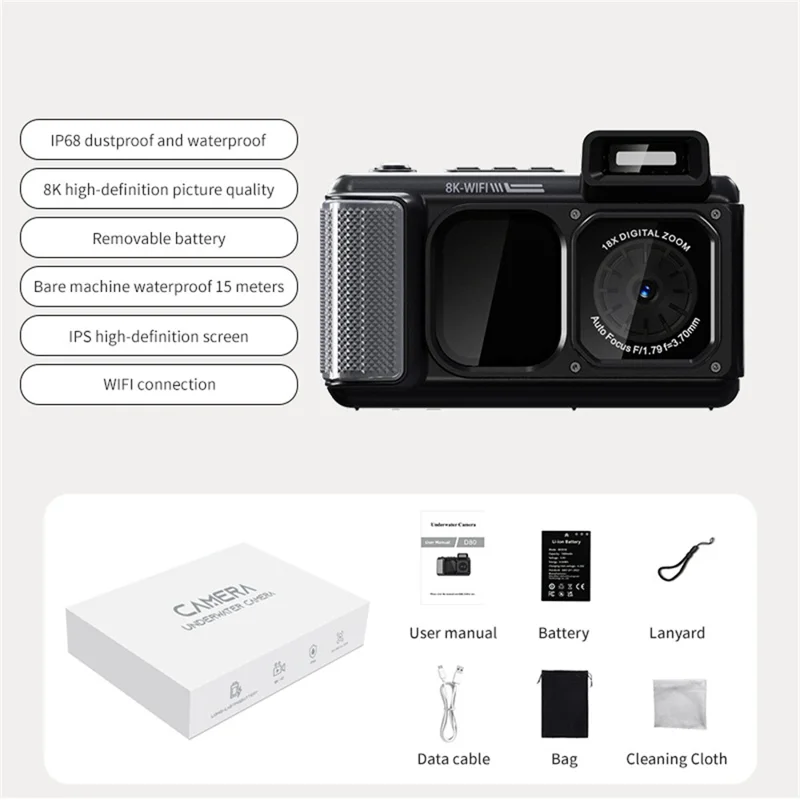 D80 8K 15 м Водонепроницаемая подводная камера с двойным IPS-экраном 2,83 + 2,01 дюйма для дайвинга — черная