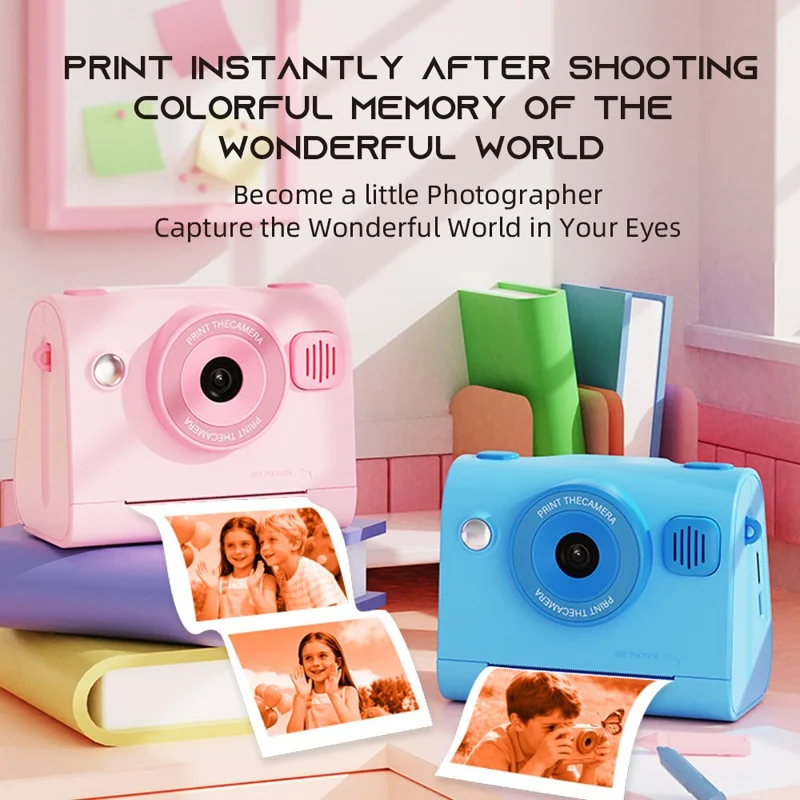 D103 2.4 Inch Kids Digital Camera 1080P IPS Screen Dual Lens Instant Thermal Print Camera Gift - Blue