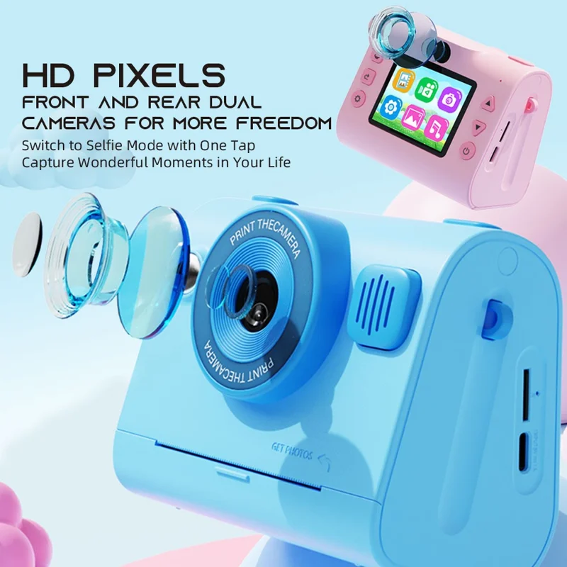 D103 2.4 Inch Kids Digital Camera 1080P IPS Screen Dual Lens Instant Thermal Print Camera Gift - Blue