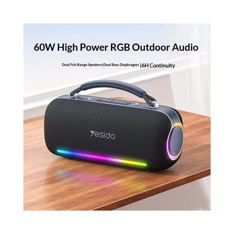 YESIDO YSW43 Enceinte Portable Bluetooth 60 W avec Lumières RGB, Haut-Parleur Étanche IPX5, Sans Fil, avec Poignée pour Fête en Extérieur - Noir