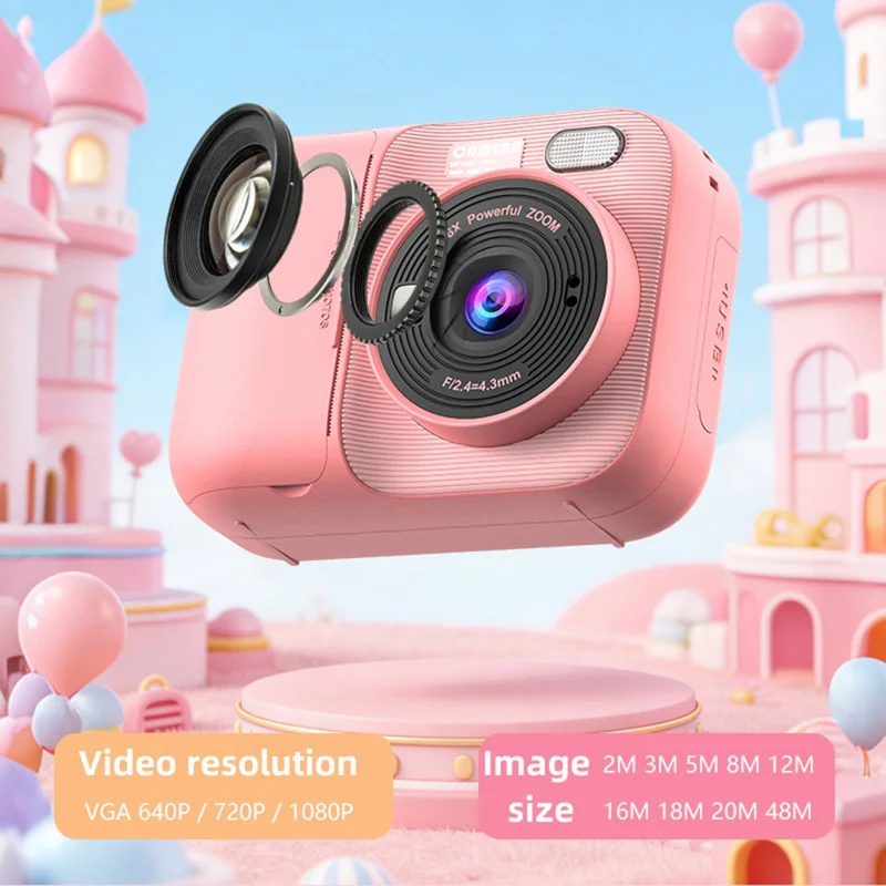 P97 Kids Instant Print Camera Kids Digital Camera 2.4 Inch IPS Screen 16X Zoom LED Flash Camera Toy with 32G Memory Card - Pink