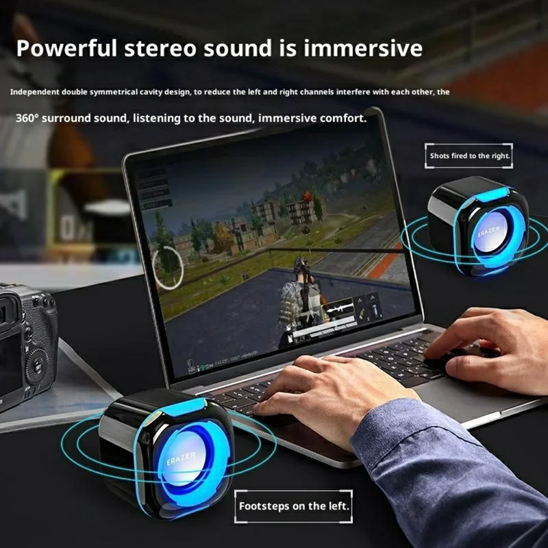 ERAZER A300Pro 1 Pair Desktop Computer Speakers 2.0 Wired LED USB Powered Gaming Speakers for PC Laptop (Invested By Lenovo) - Black