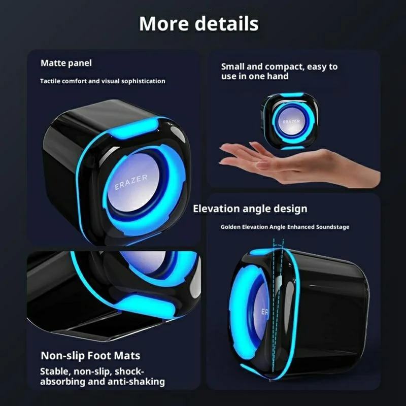 ERAZER A300Pro 1 Pair Desktop Computer Speakers 2.0 Wired LED USB Powered Gaming Speakers for PC Laptop (Invested By Lenovo) - Black
