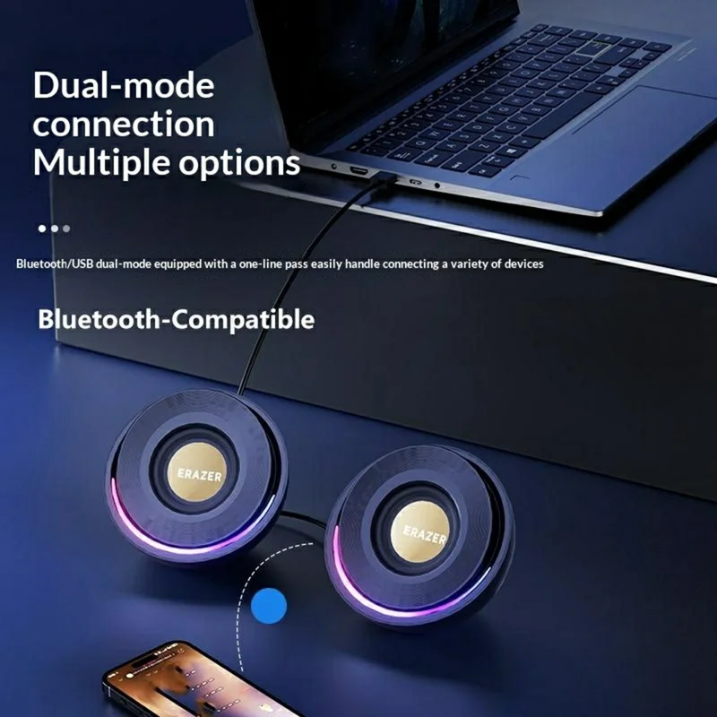 ERAZER A500 1 Pair Desktop 2.0 PC Speakers RGB Bluetooth-compatible USB Wired Computer 10W Audio Speakers (Invested By Lenovo) - Black