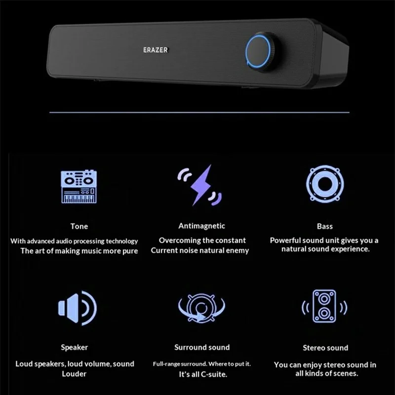 ERAZER A120 Altoparlante Fisso Cablato con Bluetooth 6W a Doppio Canale Altoparlante USB Plug and Play per PC Gaming (Investito da Lenovo) - Nero