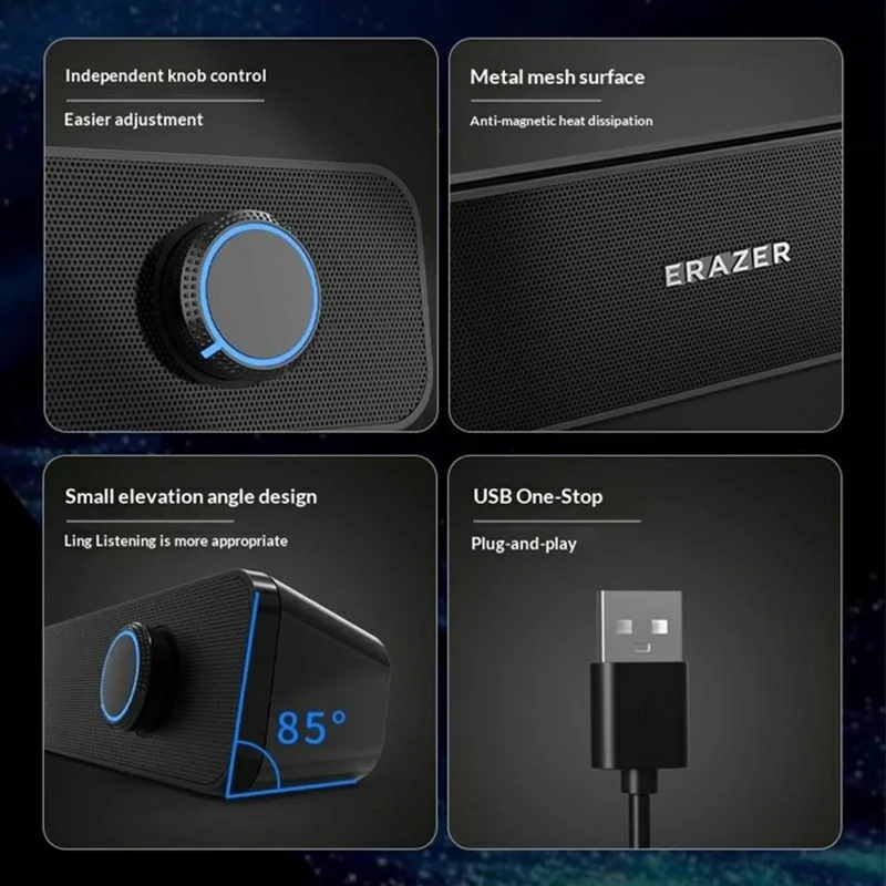 ERAZER A120 Altoparlante Fisso Cablato con Bluetooth 6W a Doppio Canale Altoparlante USB Plug and Play per PC Gaming (Investito da Lenovo) - Nero