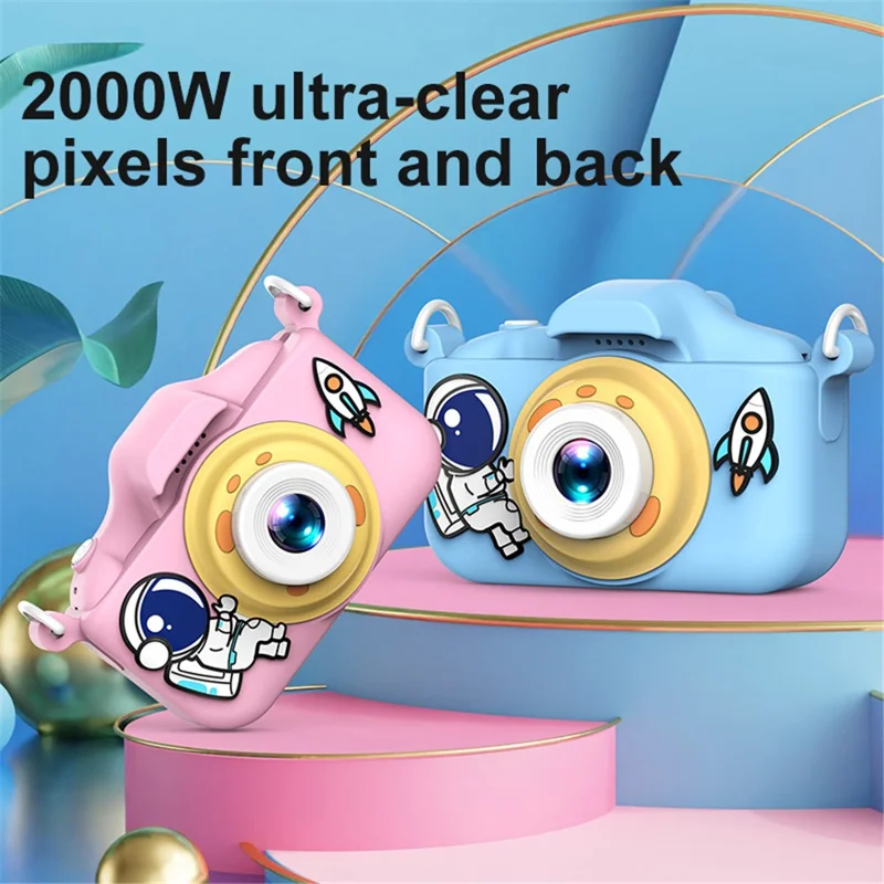 X200 Spaceman Decor Dual-Lens Kid's Educational Camera Mini Size High Definition Children Video Camera Toy for Boys Girls - Pink