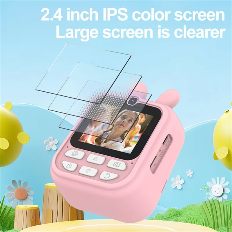 Q23 Kids Instant Printing Camera 2.4 Inch IPS Screen 48MP Dual Camera System 16X Zoom Camera Toy for Children - Rabbit Pink