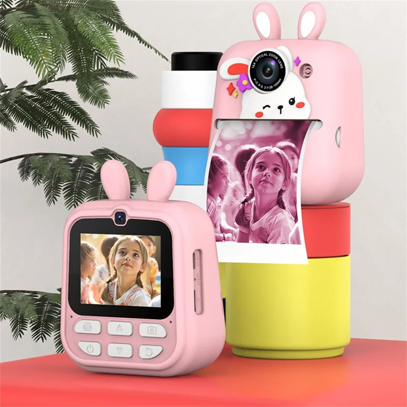 Q23 Kids Instant Printing Camera 2.4 Inch IPS Screen 48MP Dual Camera System 16X Zoom Camera Toy for Children - Rabbit Pink