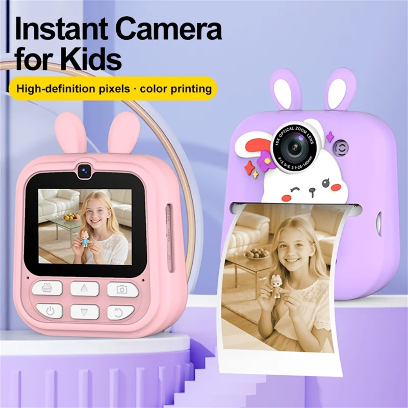 Q23 Kids Instant Printing Camera 2.4 Inch IPS Screen 48MP Dual Camera System 16X Zoom Camera Toy for Children - Rabbit Pink