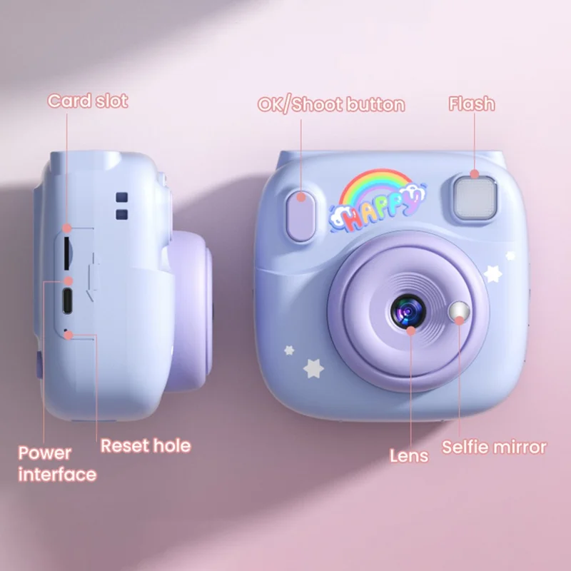V40 Fotocamera per bambini con stampa istantanea, schermo IPS da 2,4 pollici, zoom digitale 16X, fotocamera termica per bambini - Rosa
