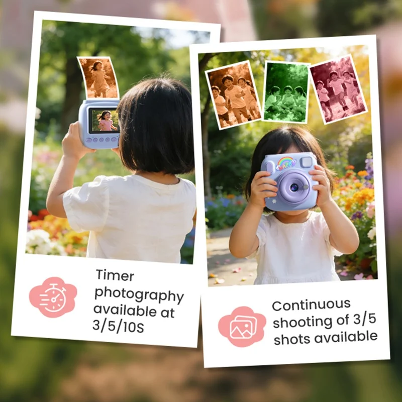 V40 Fotocamera per bambini con stampa istantanea, schermo IPS da 2,4 pollici, zoom digitale 16X, fotocamera termica per bambini - Rosa