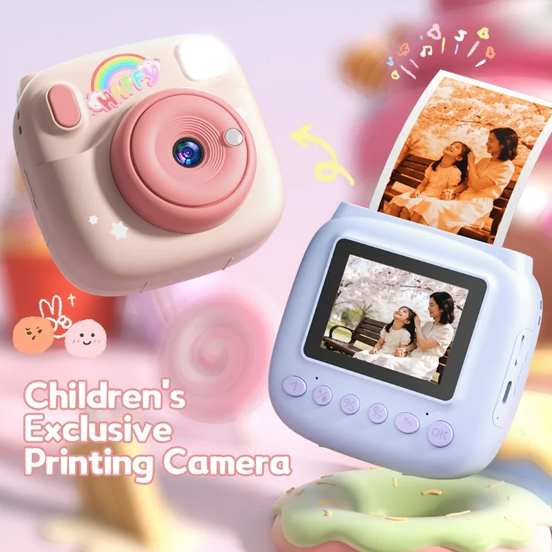 V40 Fotocamera per bambini con stampa istantanea, schermo IPS da 2,4 pollici, zoom digitale 16X, fotocamera termica per bambini - Rosa