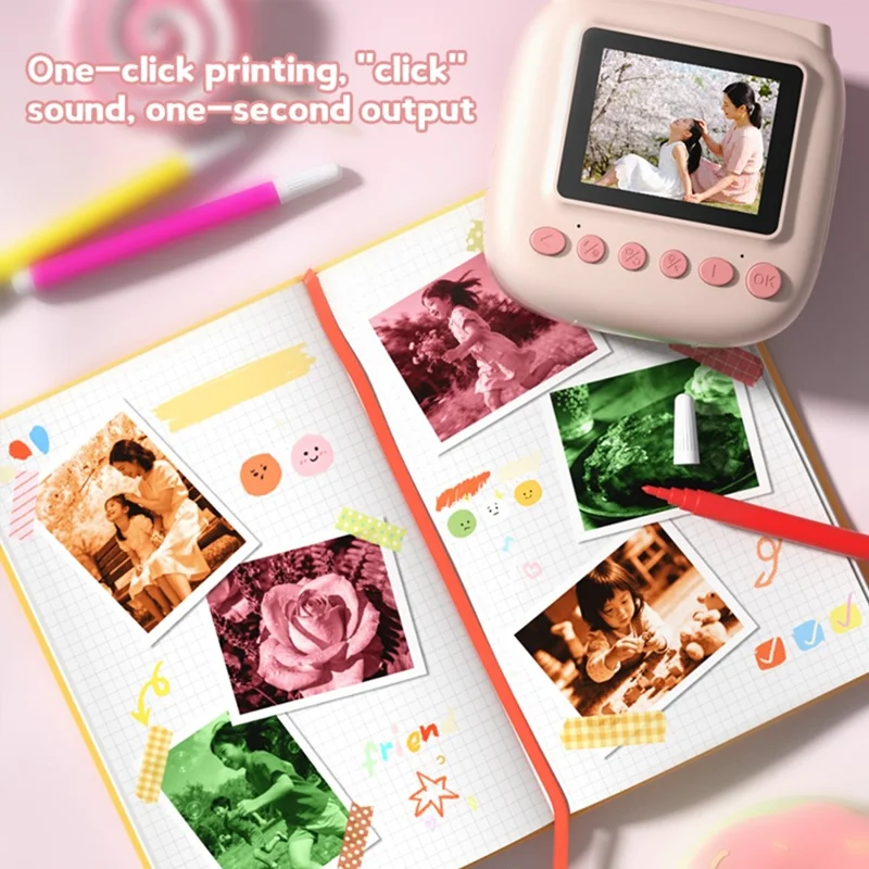 V40 Fotocamera per bambini con stampa istantanea, schermo IPS da 2,4 pollici, zoom digitale 16X, fotocamera termica per bambini - Rosa