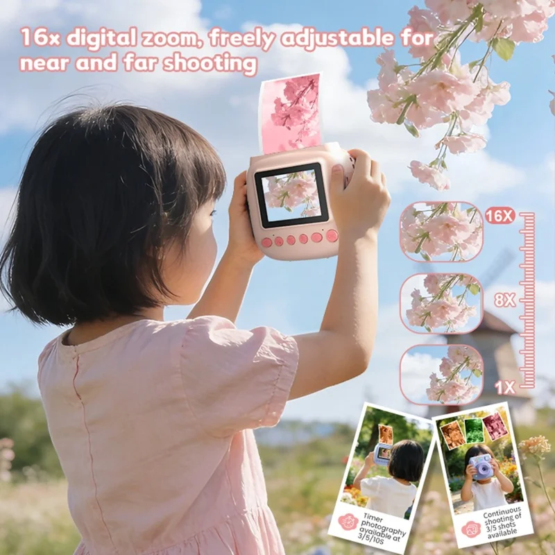 V40 Fotocamera per bambini con stampa istantanea, schermo IPS da 2,4 pollici, zoom digitale 16X, fotocamera termica per bambini - Rosa