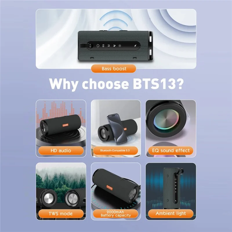 LDNIO BTS13 Bluetooth-compatible 5.3 Speaker 2000mAh RGB Ambient Light TWS Wireless Bass Stereo Wireless Speaker for Outdoor - Black