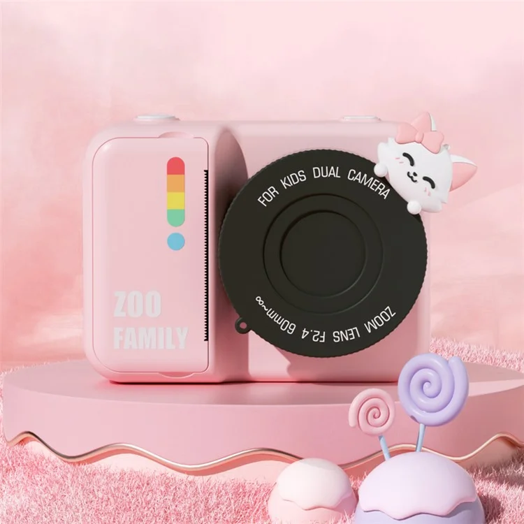 P2 4800W Pixel HD 3.0-inch Instant Camera WiFi Transmission Print Camera with Lanyard Charging Cable - Pink Cat