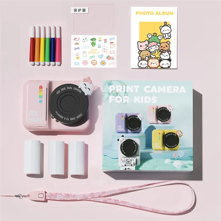 P2 4800W Pixel HD 3.0-inch Instant Camera WiFi Transmission Print Camera with Lanyard Charging Cable - Pink Cat