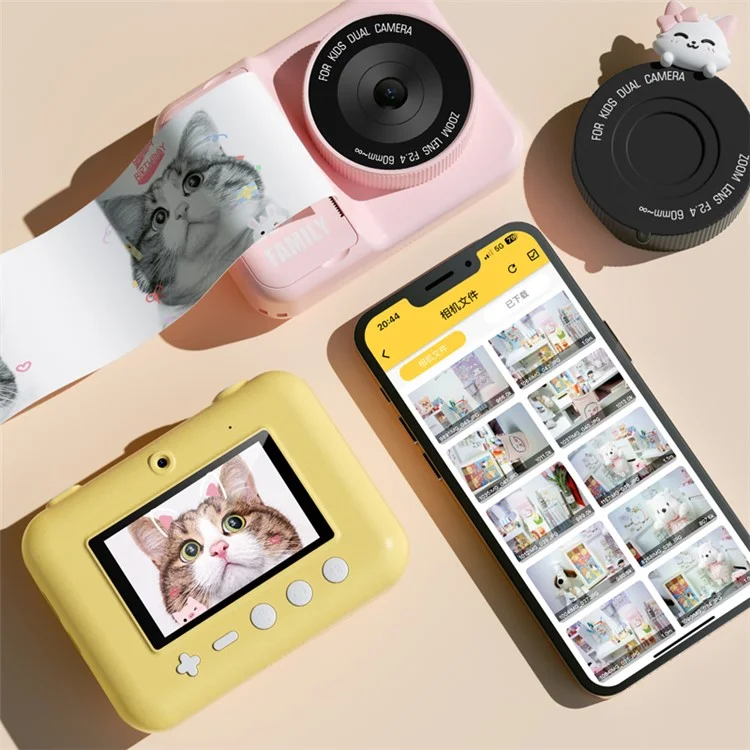 P2 4800W Pixel HD 3.0-inch Instant Camera WiFi Transmission Print Camera with Lanyard Charging Cable - Pink Cat