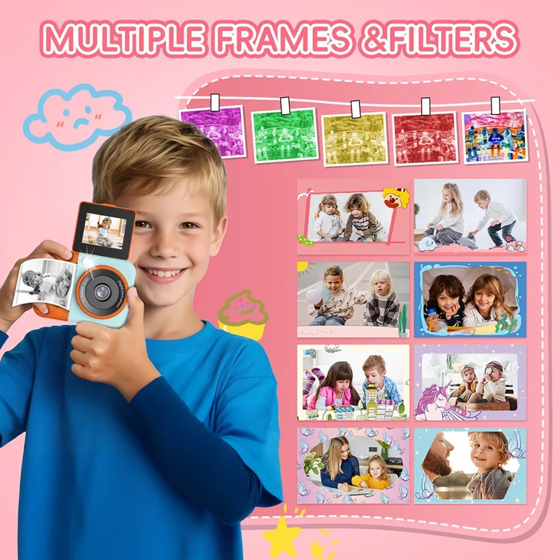S11 Kids Digital Camera 2.4 inch Flip Screen Instant Print Camera 1080P HD Video Recording Camera - Pink